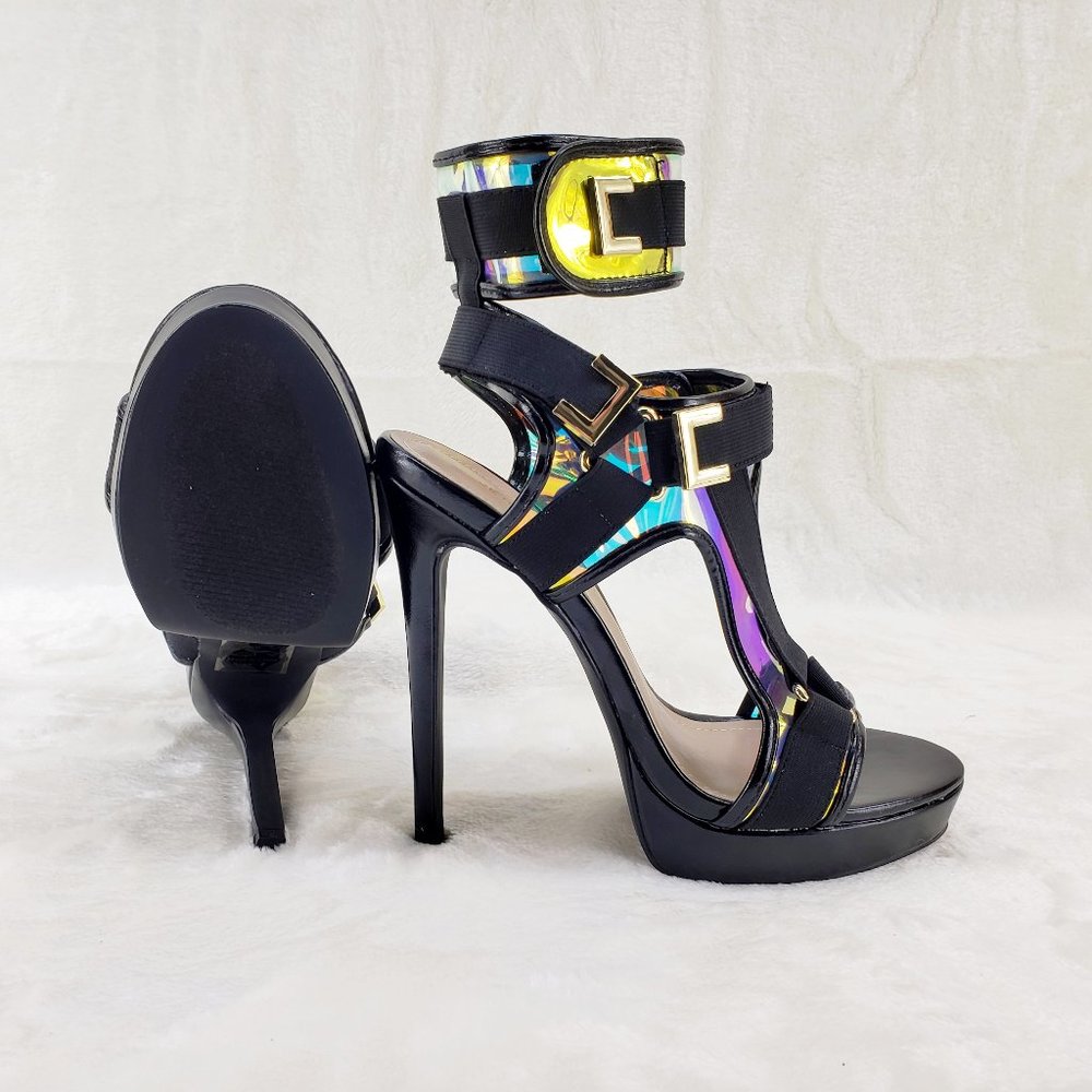 Sexy Mini Platform 5" High Heel Harness Strap Shoes Black - Picture 6 of 9